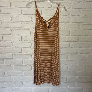Forever 21 Brown White Ribbed‎ Striped Lace Up Tank Dress Women's Size Large